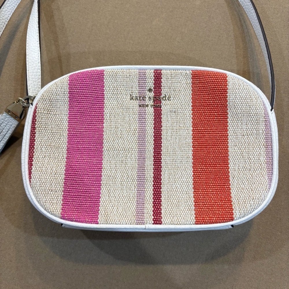 Kate Spade Kourtney Stripe Camera Bag Crossbody Canvas/Pebbled Leather Trim - Picture 2 of 13